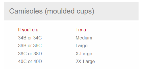 Camisoles Size Chart